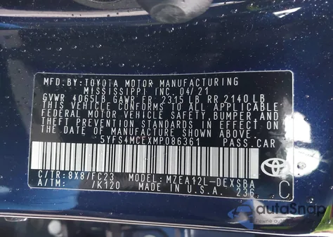 2021 Toyota Corolla Se z USA, uszkodzony, nr VIN 5YFS4MCEXMP086361